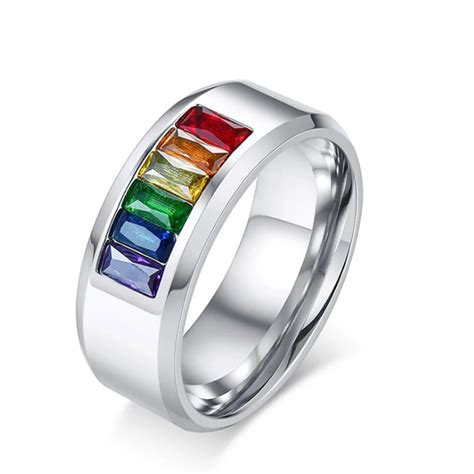 Stainless Steel Rainbow Cubic Zirconia Gay Pride Wedding Band Rings