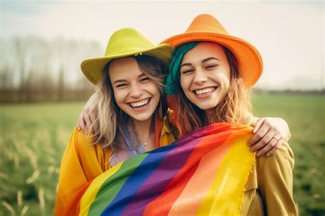 Una Hermosa Pareja Lesbiana Gay Feliz Con Los Colores Del Arco Iris En Un Campo De Flores Mes