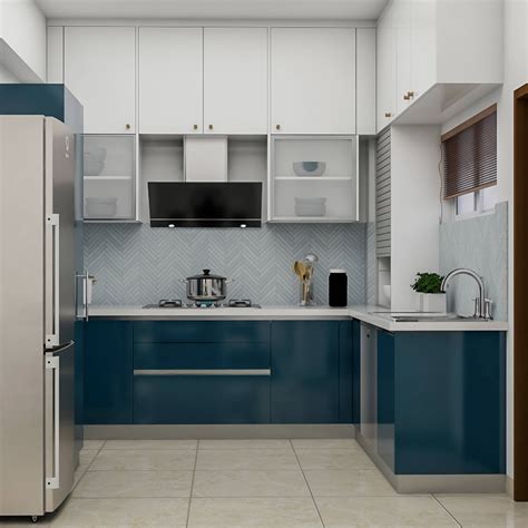 Ious L Shaped Kitchen Cabinet Design In Blue And White Live