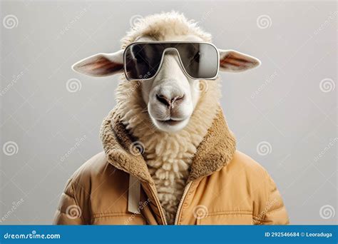 Sheep Head Wearing Sunglasses On The Human Body Of A Man Wearing Winter