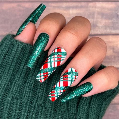 Green Glitter Plaid Press On Nails Christmas Nails Winter Nails Holiday Seasonal Ts For Her