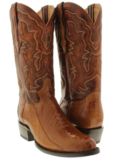 Mens Cognac Brown Genuine Exotic Ostrich Leg Skin Cowboy Boots Western