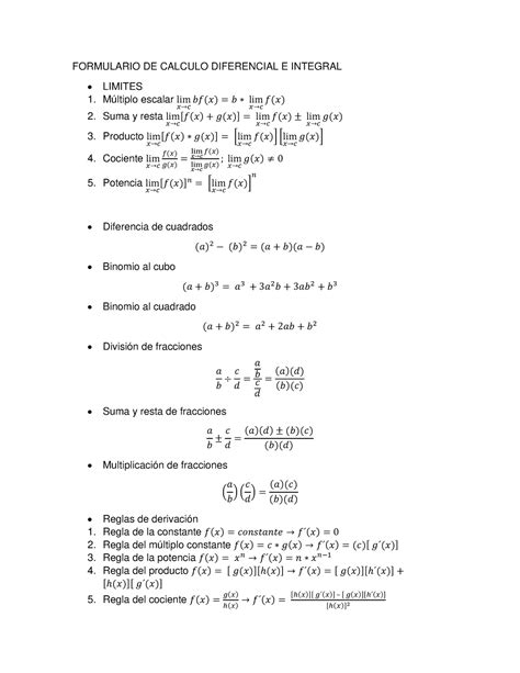 Formulario De Calculo Diferencial E Integral Formulario De Calculo