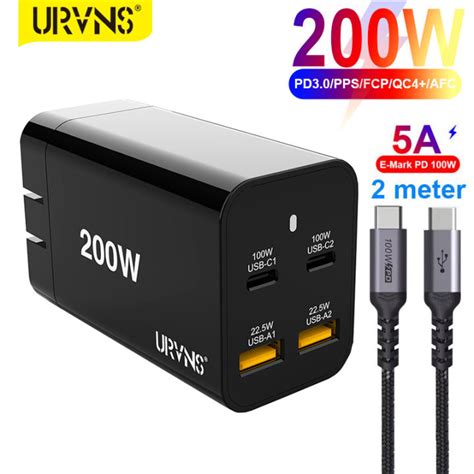 URVNS 200W USB C Wall Charger 4 Port PD 100W PPS45W GaN Fast Charging