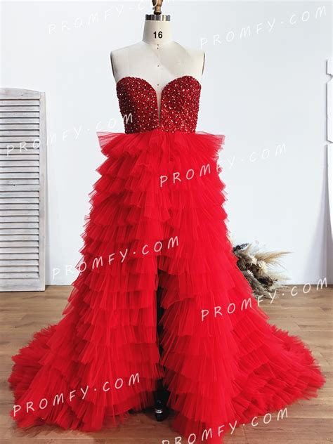 Promfy Beaded Bodice Ruffled Tiered Tulle Skirt Prom Dress