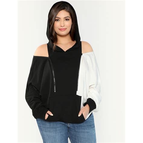 Plus Zip Detail Cold Shoulder Two Tone Hoodie Sweatshirt Fashion