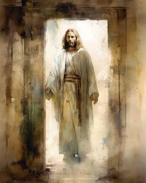 A Painting Of Jesus Standing In An Open Doorway