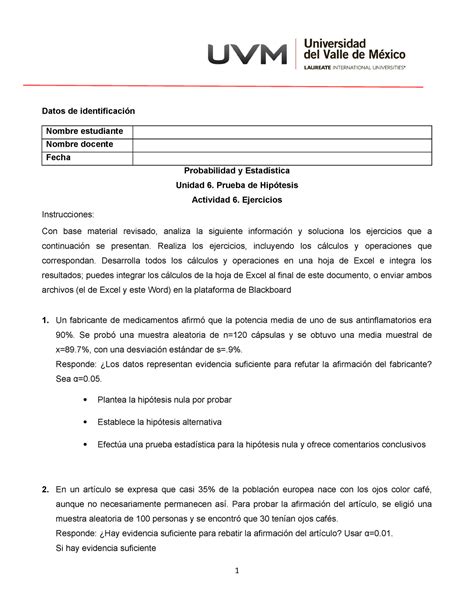 Act Provabilidad Uvm Datos De Identificaci N Nombre Estudiante