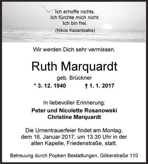 Traueranzeigen Von Ruth Marquardt Nordwest Trauer De