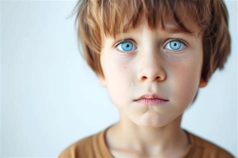 Menino olhos chorosos e expressão de dor em fundo branco Conceito