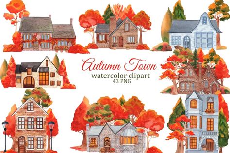 Watercolor Autumn Houses Clipart Fall Tree Clipart