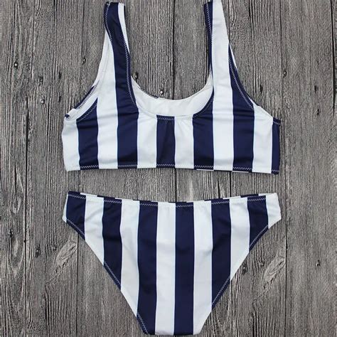 Blue And White Striped Swimwear Women Bikini Set Push Up Padded Bra