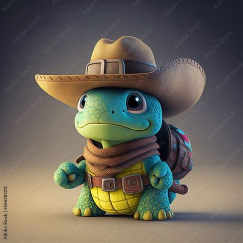 Cute Turtle Cartoon Character Wearing A Cowboy Hat Made With Generative