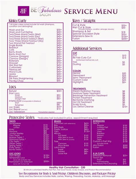 Chelsyeas Natural Journey Be Fabulous Salon Hair Menu