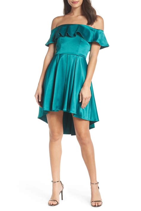 Off The Shoulder Satin High Low Cocktail Dress By Sequin Hearts On