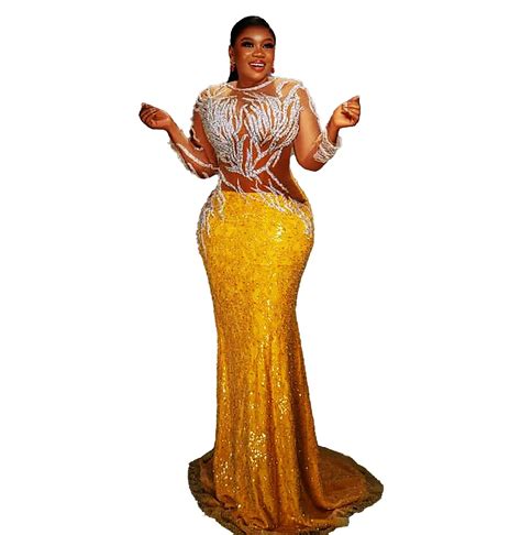 Yellow Sequined Lace Mermaid Gold Sparkly Prom Dress With Beaded