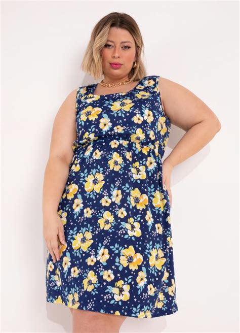 Vestido Floral Azul Com Saia Evasê Plus Size Marguerite