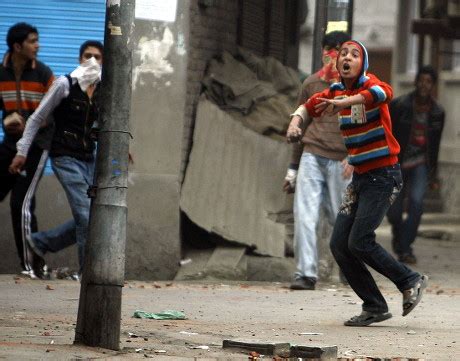 Kashmiri Muslim Protester Throws Stone Indian Editorial Stock Photo