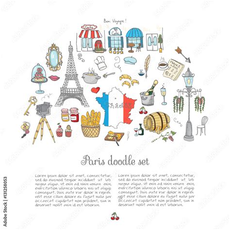 Set Of Hand Drawn French Icons Paris Sketch Illustration Doodle