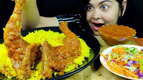 Eating Chicken Leg Piece With Basanti Pulao Eating Show Mukbang