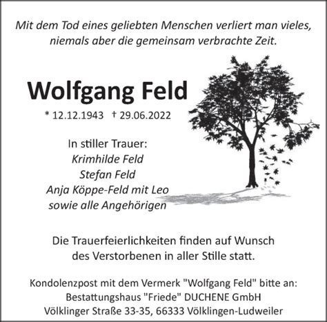 Traueranzeigen Von Wolfgang Feld Saarbruecker Zeitung Trauer De