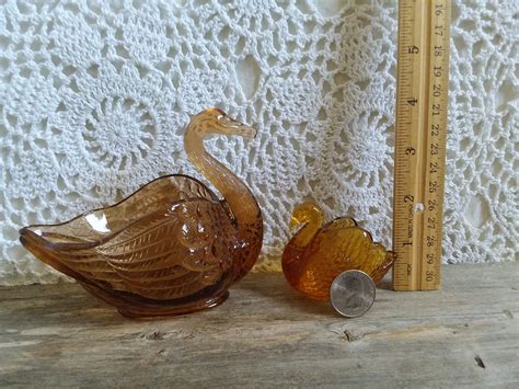 Vintage Swan Dish Swan Dish Set Amber Glass Dish Amber Etsy