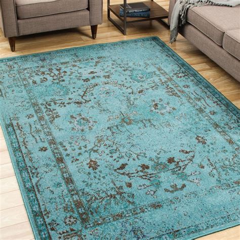 Over Dyed Distressed Traditional Teal Grey Area Rug 67 X 96