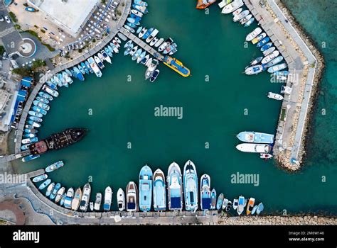 Aerial View Of Boats And Yachts Moored In A Marina Drone View From