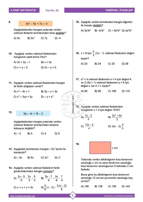 S N F Cebirsel Fadeler Testi Pdf Ndir Matematik Vakti