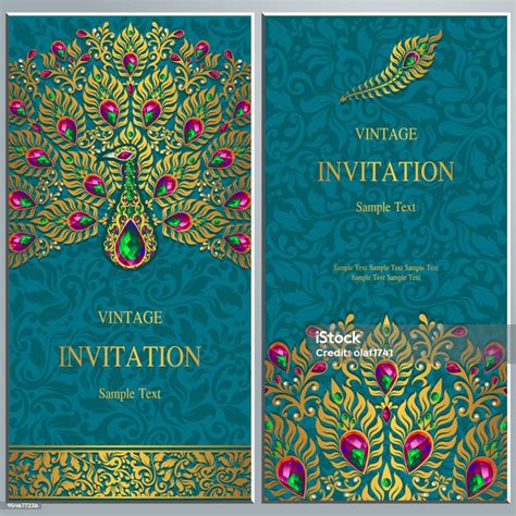 Wedding Invitation Card Templates With Gold Peacock Feathers Patterned