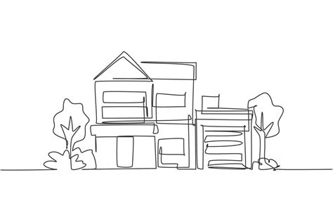 Single One Line Drawing Green Minimalist Modest House In Town Home