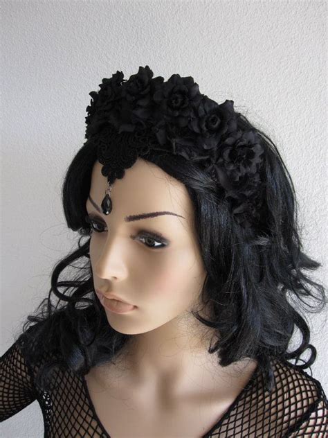 Gothic Headband Headpiece Headdress Black Lace And Roses Etsy