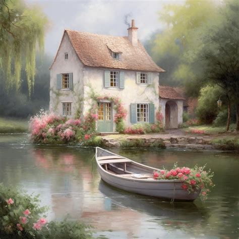 Premium AI Image | A painting of a house with a boat in the water