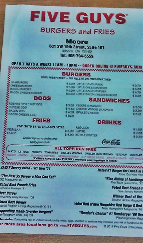 Menu at Five Guys fast food, Moore, 631 SW 19th St