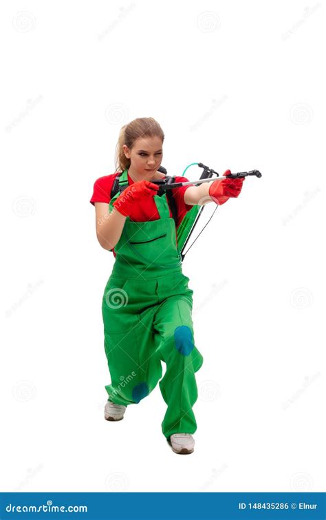 The Female Pest Control Contractor Isolated On White Stock Photo