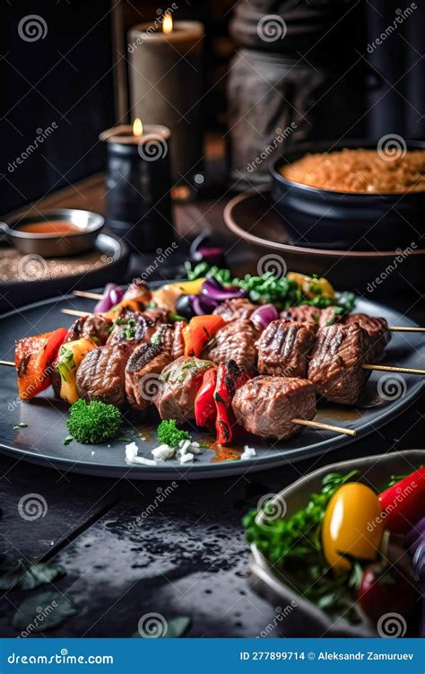 Brochetas De Carne A La Parrilla Saborean Kebab Con Verduras En Tablas