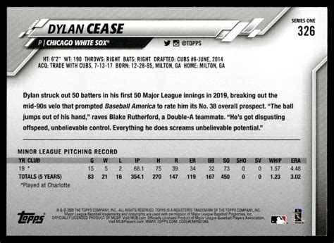 2020 Topps Dylan Cease Rookie Chicago White Sox 326 EBay