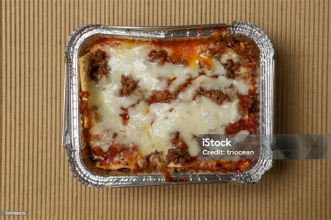 Lasagna Takeaway Package Healthy Italian Food In Foil Box Stock Photo