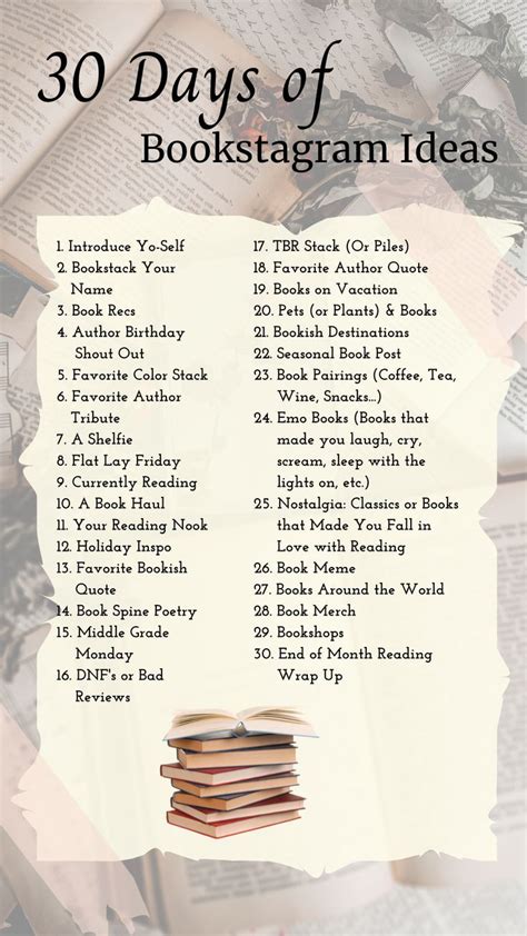 The 30 Days Of Bookstagramm Ideas List Is Shown With An Open Book On Top