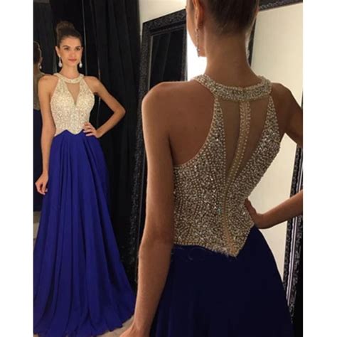 Azul Marinho Halter Prom Vestidos Sexy Sheer Espartilho Backless Longo