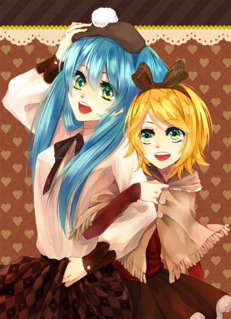 Safebooru 2girls Aqua Eyes Aqua Hair Blonde Hair Blue Eyes Casual Green Eyes Hairband Hat