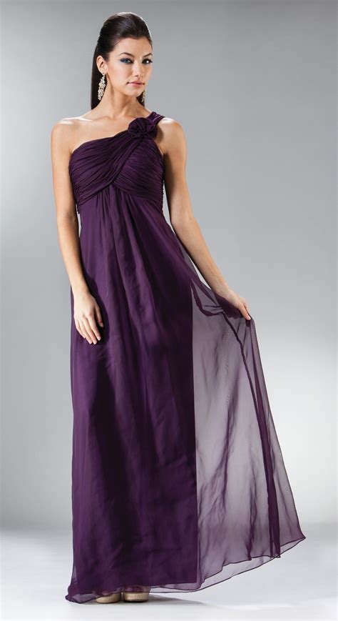 Eggplant One Shoulder Bridesmaid Dress Long Chiffon Empire Bridesmaid