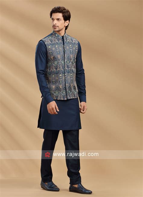 Navy Blue Embroidered Nehru Jacket Set