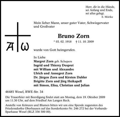 Traueranzeigen Von Bruno Zorn Trauer In NRW De