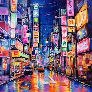 8 Japan Tokyo Neon Lights Watercolor Clipart High Quality Jpgs, Digital ...