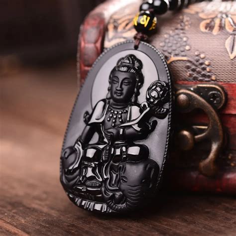 Samantabhadra Patroonheilige Ketting Zwart Obsidiaan Gesneden Boeddha