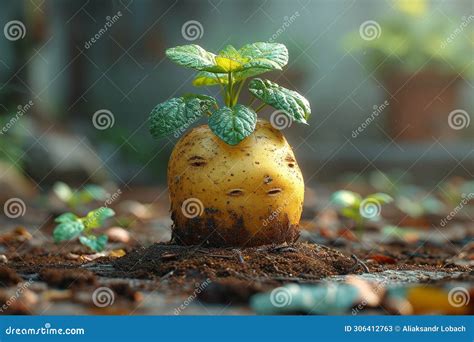 A Potato Plant With Tubers On The Ground Sprouted Potatoes Stock Image