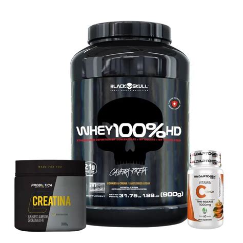 Whey 100 HD Black Skull Baunilha 900g WPC WPI E WPH Creatina 300g