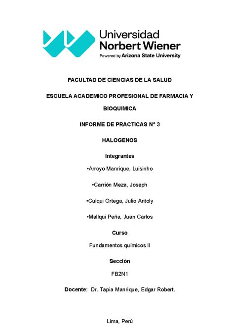 Informe N3 Fundamentos Quimicos FACULTAD DE CIENCIAS DE LA SALUD