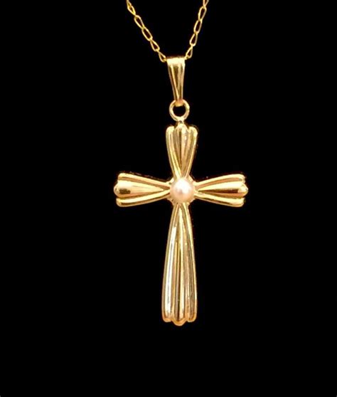 K Yellow Gold Pearl Christian Cross Pendant Necklace Ebay